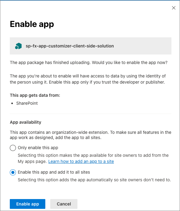 Screenshot deploying the extension to the entire tenant.
