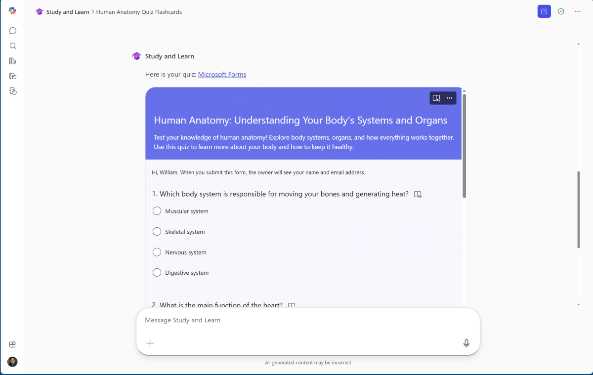 لقطة شاشة لعامل Microsoft 365 Copilot Study و Learn يعرض اختبار Microsoft Forms تم إنشاؤه .