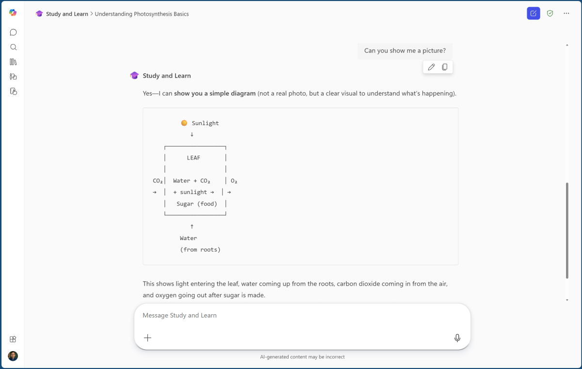 لقطة شاشة لعامل Microsoft 365 Copilot Study و Learn يستجيب لمطالبة باستخدام رسم تخطيطي بسيط يستند إلى النص.