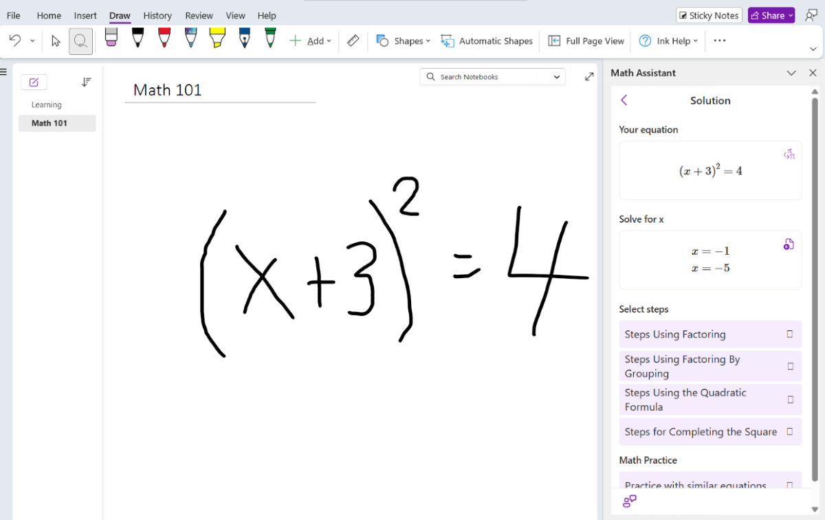 Screenshot of inking math in OneNote.