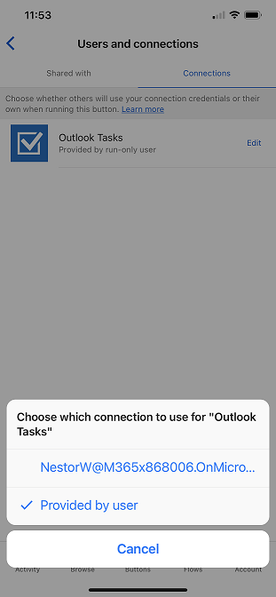 لَقطَة شَاشة للمُستخدمين والاتصَالات، اختر الاتصَال الذي تريد استخدَامه لـ 