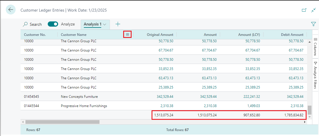 Screenshot of the data area in the data analysis mode.