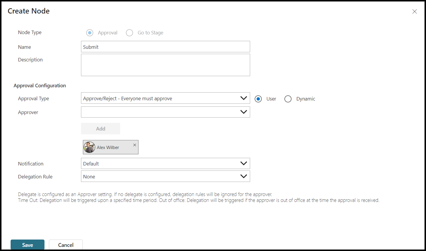 لقطة شَاشة لمجموعة مواد المُوافقَات تضيف مرحلة العقدة إلى المرحلة.