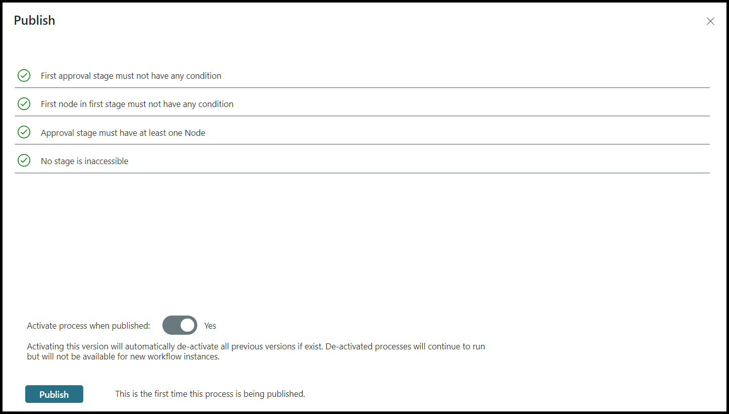 لقطة شَاشة لشَاشة النشر فِي مجموعة مواد المُوافقَات لنشر سير العمل.