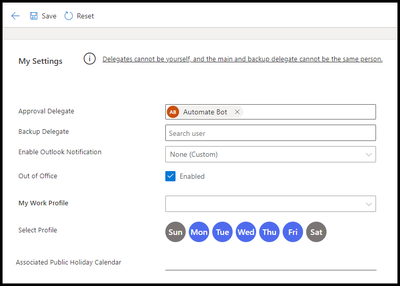لقطة شاشة للإعدادات الأساسية فِي تطبيق إدارة موافقة الأعمال مع نموذج للمفوض وتشغيل ميزة خارج المكتب.