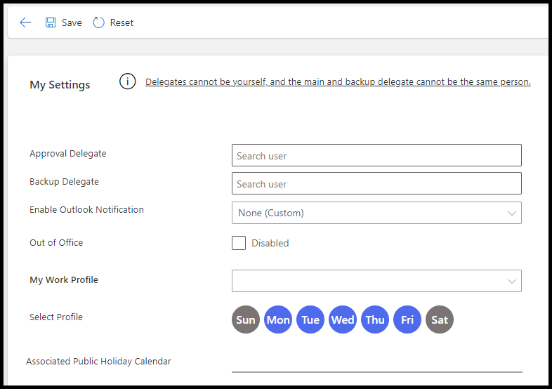 لقطة شاشة للإعدادات الأساسية فِي تطبيق إدارة الموافقة عَلى الأعمال.