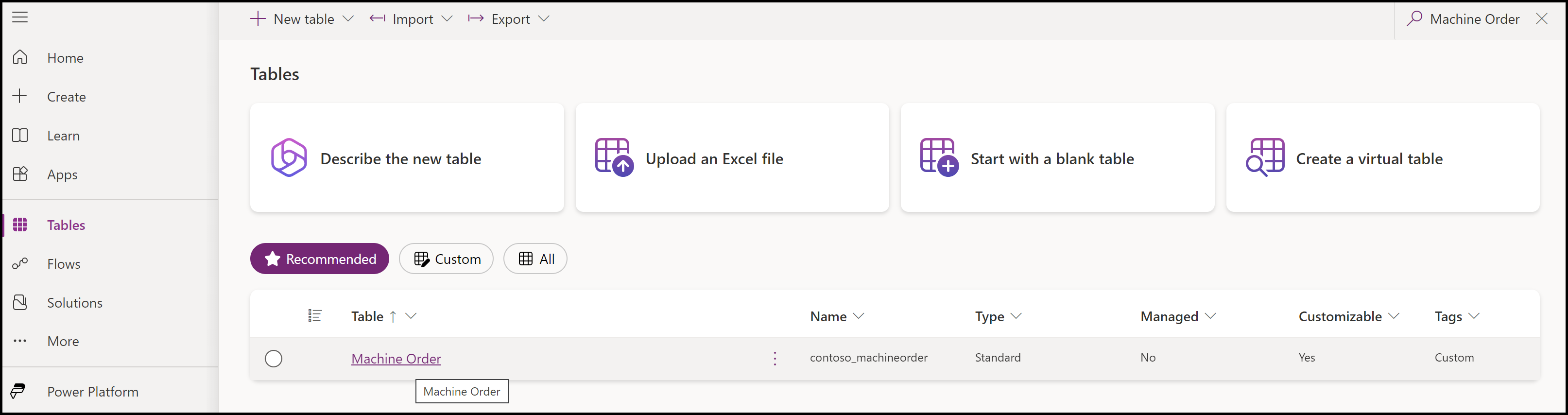 لقطة شَاشة لجدول Machine Order المحدد من قسم الجدَاول.