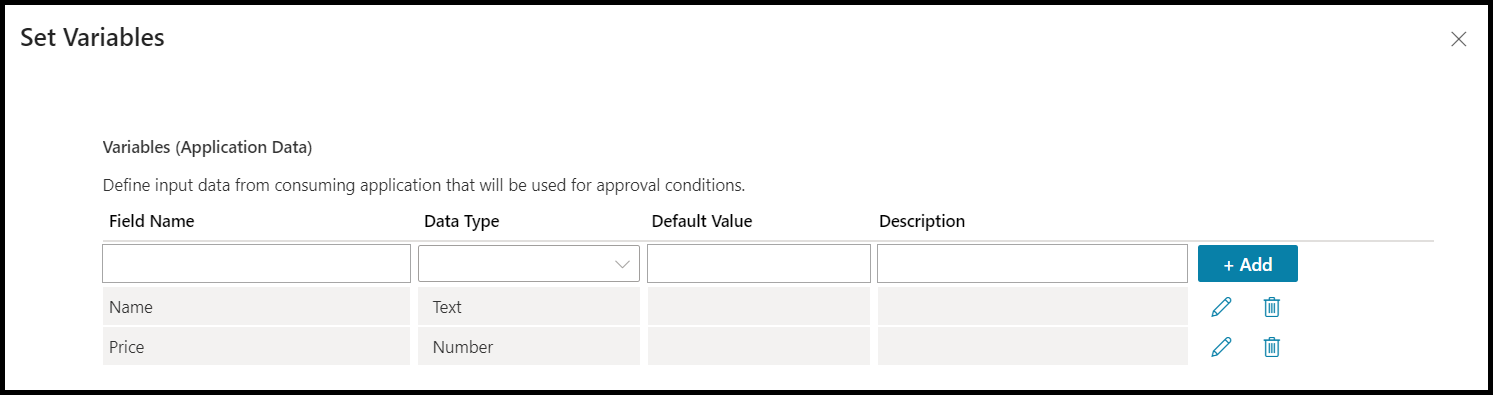 لقطة شاشة لشاشة تعيين المتغيرات، تُظهر بيانات التطبيق المدخلة.