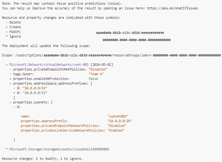لقطة شاشة من Azure CLI تعرض المخرجات من عملية what-if.
