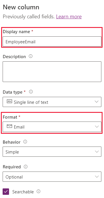 لقطة شاشة لأعمدة Employee Email تعرض اسم العرض ونوع البيانات والحقول المطلوبة المميزة.