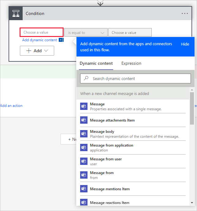 لَقطَة شَاشة لإجرَاء الشرط معَ تمييز حقل اختيَار القيمة وعرض خيَارَات المحتوى الدينَاميكي.