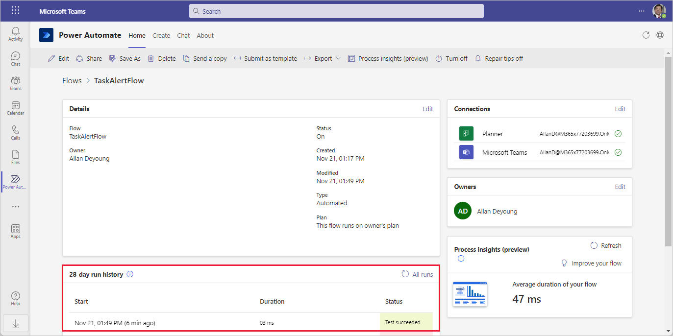 لَقطَة شَاشة لهَامة إنشَاء Planner مِن Teams معَ تمييز محفوظَات تشغيل مدتهَا 28 يومَا.