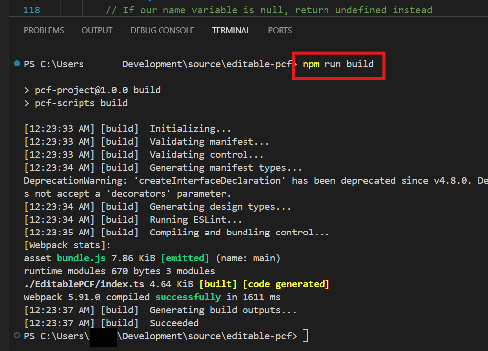 لَقطَة شَاشة لنتَائج تشغيل الأمر NPM RUN BUILD.
