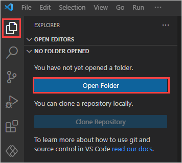 لَقطَة شَاشة لزر مجلد Visual Studio Code مفتوحًا.