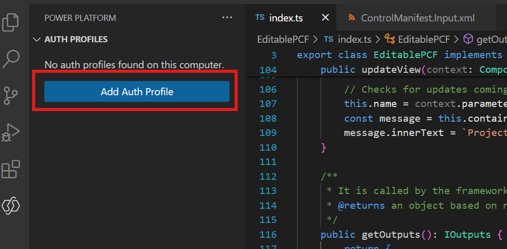 لقطَة شَاشَةٍ لـ VSCode وزر إضَافَة مِلَف تعريف المصَادقة مِن خلال النقر فوق أيقونة Power Platform الموجودة فِي شريط التنقل الأيسر.
