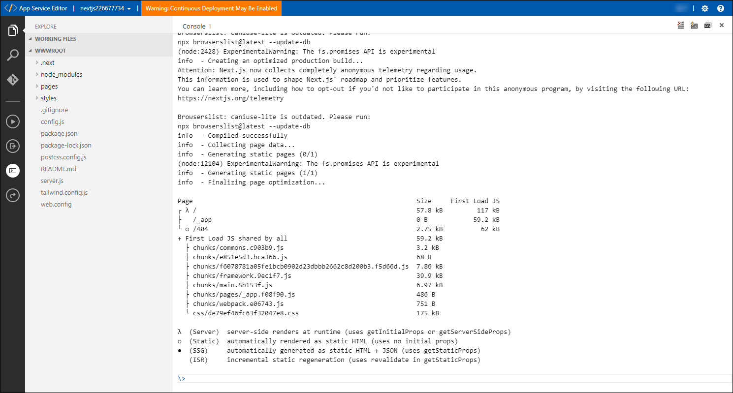 Screenshot of the completed build process in the App Service Editor console of the Azure web app.