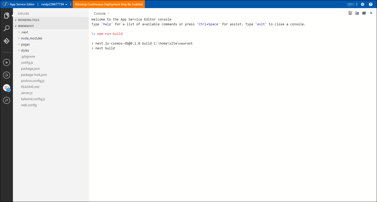 Screenshot of the start of the build process in the App Service Editor console of the Azure web app.