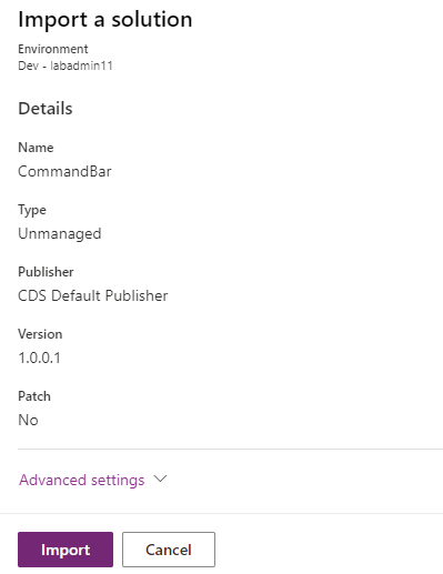 لقطة شَاشة تُظهر مربع حوار استيرَاد الحل.