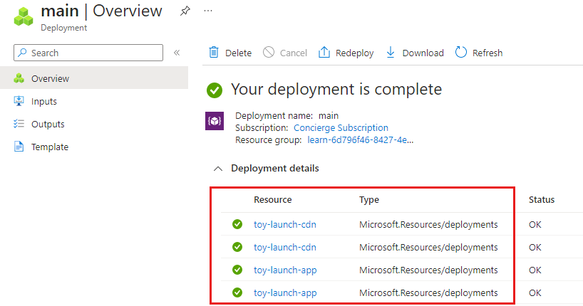 Screenshot of the Azure portal that shows the deployment details for the main deployment.