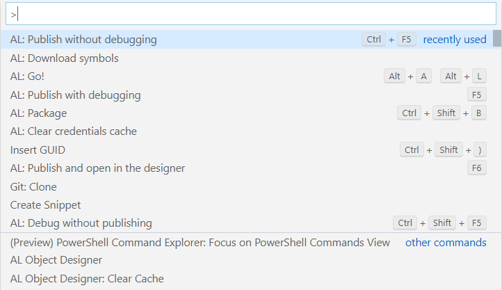 Screenshot of the Command Pallet with AL Publish without debugging selected.