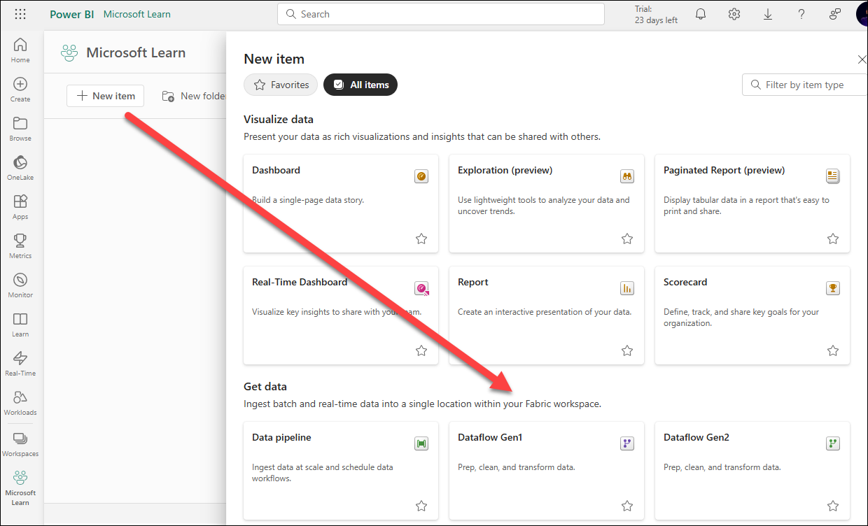 Screenshot of Power BI New menu expanded to show Dataflow selected.
