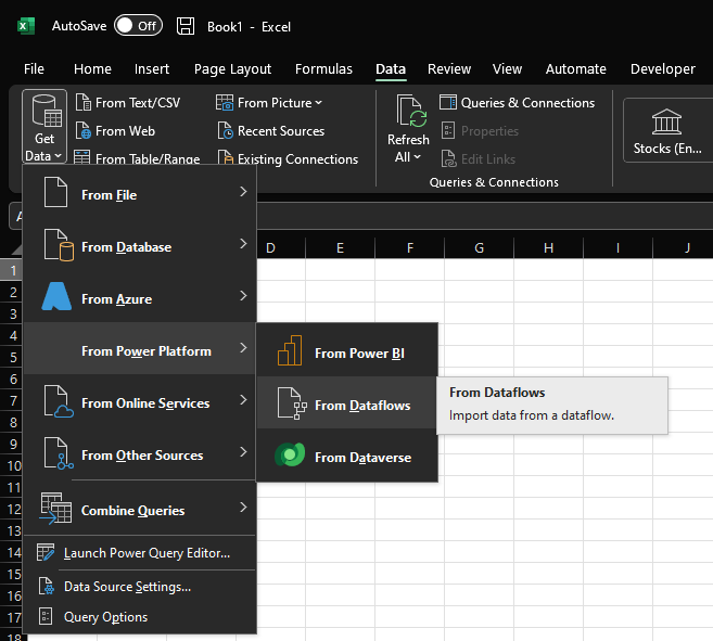 Screenshot of Excel showing the Get Data menu option expanded to show From Power Platform and From Dataflows.