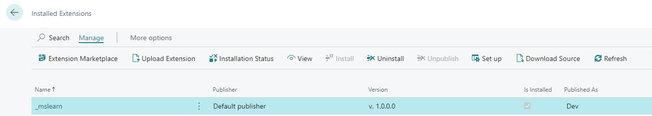 Screenshot of the Extension management page.