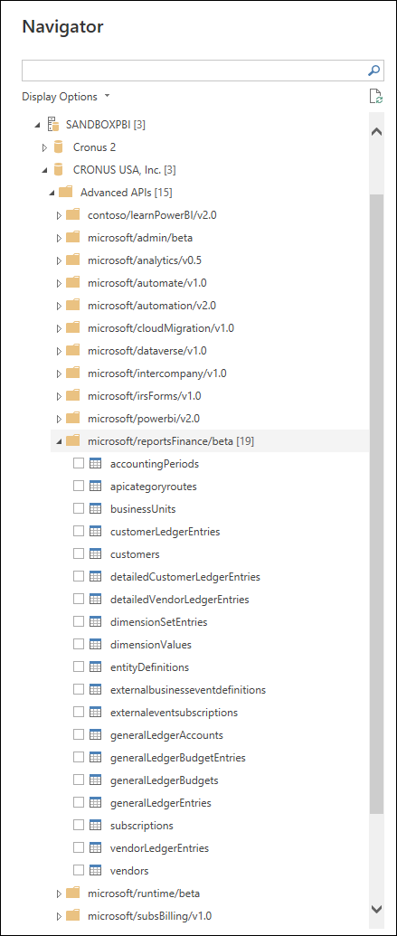 Screenshot of Navigator with Display Options expanded to reveal the advanced APIs.