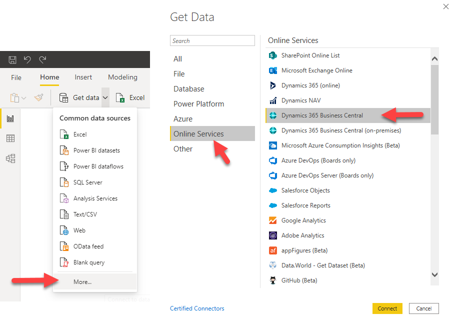 Screenshot of the Get Data page with Online Services Business Central selected.