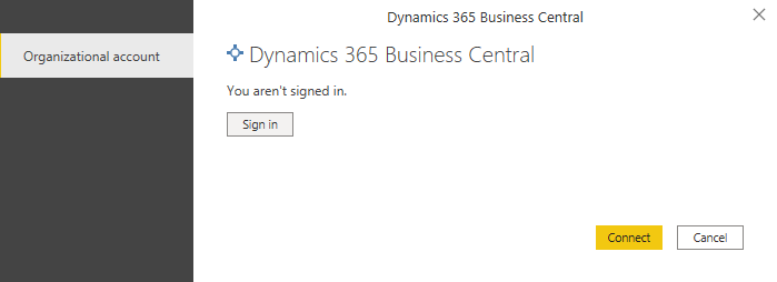 Screenshot of the Dynamics 365 Business Central sign in wizard.