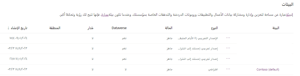 لقطة شاشة لثلاث بيئات للمطورين.