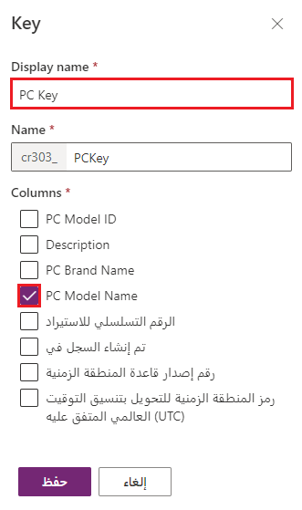 لقطة شاشة لـ PC Key مع اسم عرض وتَحديد عمود 