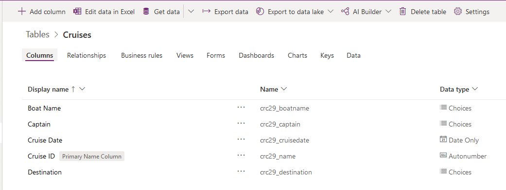 لقطه شاشة لجداول > الرحلات البحرية مع قائمة الأعمدة فِي الجدول.