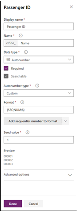 لقطة شاشة لمعرف المسافر مع الترقيم التلقائي والمخصص وSEQNUM:6 و1 كقيم للحقول المختلفة.