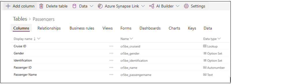 لقطة شاشة لجدول الركاب بعد إدخال الأعمدة.