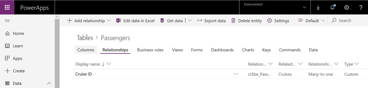 لقطة شاشة لقائمة العلاقات متعدد إلى واحد.
