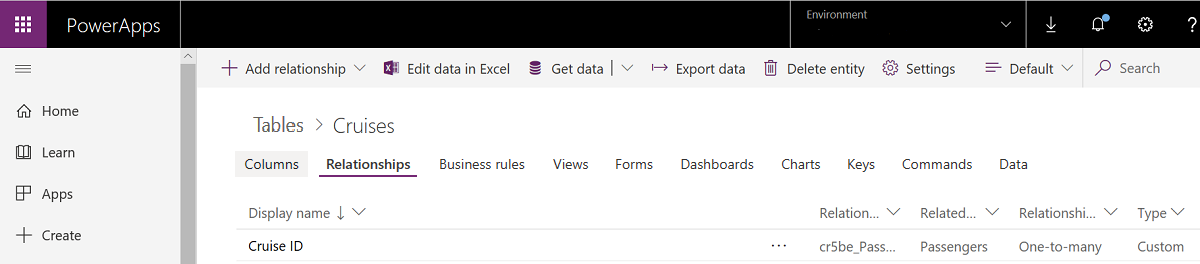 لقطة شاشة لقائمة العلاقات واحد إلى متعدد.
