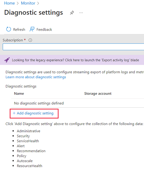 Screenshot that shows the Diagnostic settings pane and Add diagnostic setting selected.