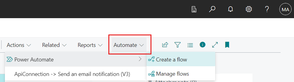 Screenshot showing the Automate action menu.