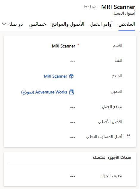 لقطة شاشة لأصل عميل تم إنشاؤه من أمر عمل.
