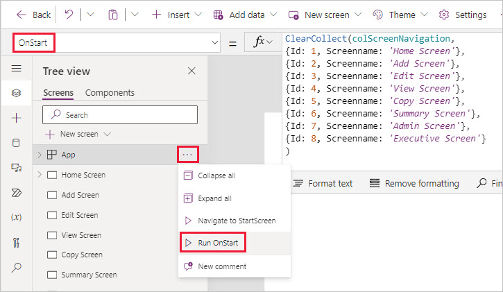 لقطة شاشة لصيغة OnStart التي تم تعيينها إلى ClearCollect(ColScreenNav) مع تعيين كل عنصر باستخدام المعرف واسم الشاشة.