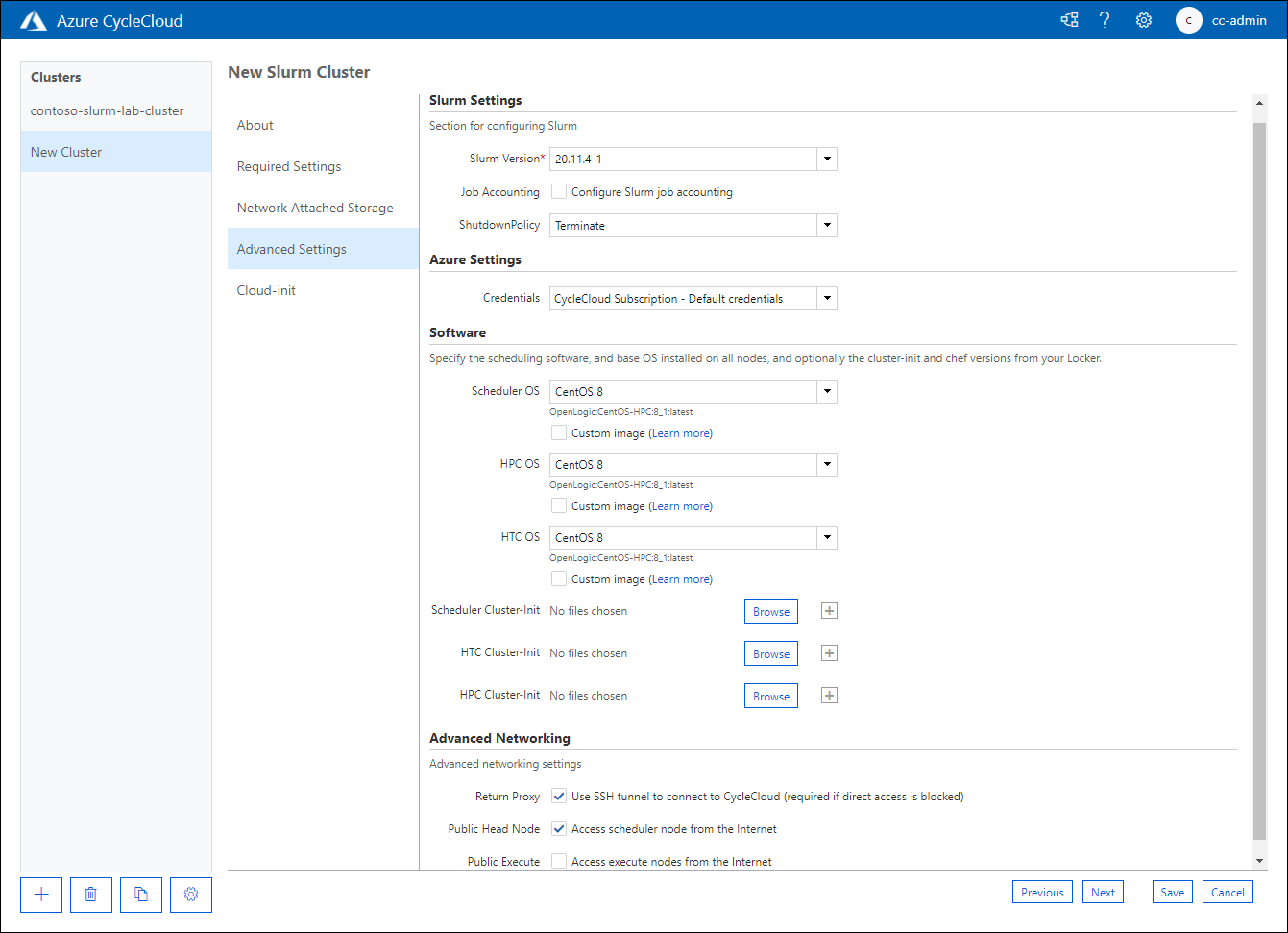 لقطة شاشة لعلامة التبويب Advanced Settings في صفحة New Slurm Cluster لتطبيق الويب Azure CycleCloud.