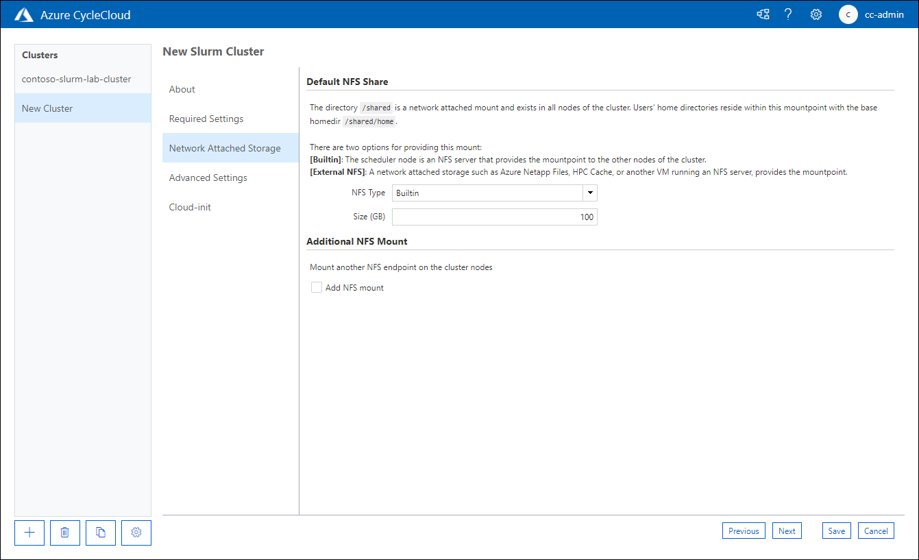 لقطة شاشة لعلامة تبويب التخزين المرفق بالشبكة في صفحة مجموعة Slurm الجديدة لتطبيق الويب Azure CycleCloud.