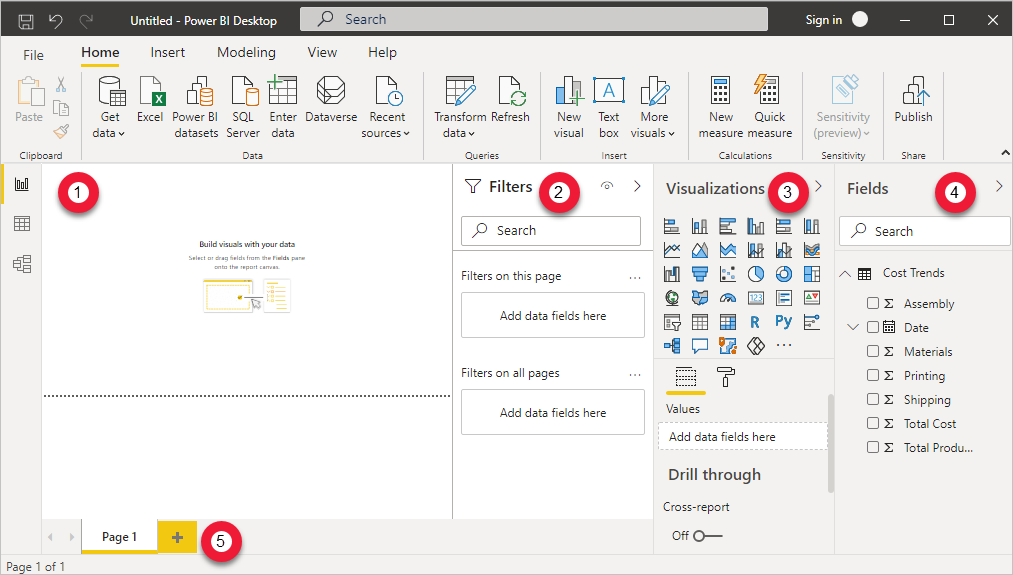 لقطة شاشة لـ Power BI Desktop مع ترقيم عناصر طريقة عرض التقرير.