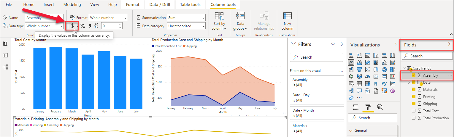 لقطة شاشة لعلامة التبويب أدوات العمود فِي Power BI Desktop مع تمييز رمز العملة.