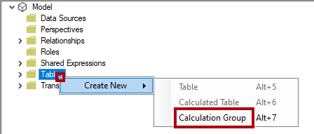 لقطة شاشة مميزة لتحديد Calculation Group ضمن الخيار Create New في الجداول.