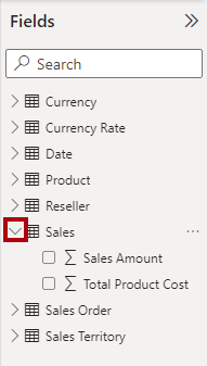 لقطة شاشة توضح توسيع جدول Sales في جزء الحقول.