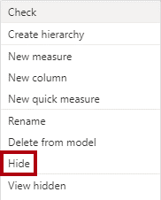 لقطة شاشة تبرز تحديد Hide بعد النقر فوق Sales Amount في جزء الحقول.