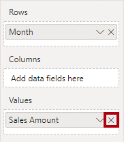 لقطة شاشة مميزة لتحديد "X" لإزالة حقل Sales amount.