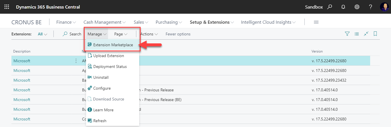 Screenshot showing the Extension Market Place option.